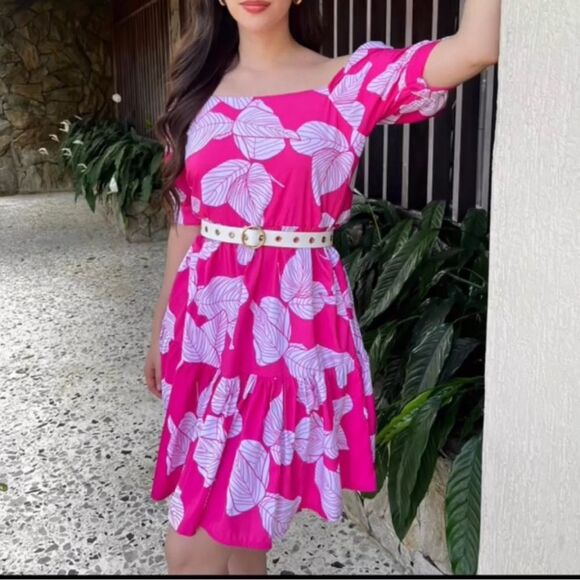 NWT Sun Dress Tropical Print Pink/White Sz XL Short Sleeve - Picture 1 of 8
